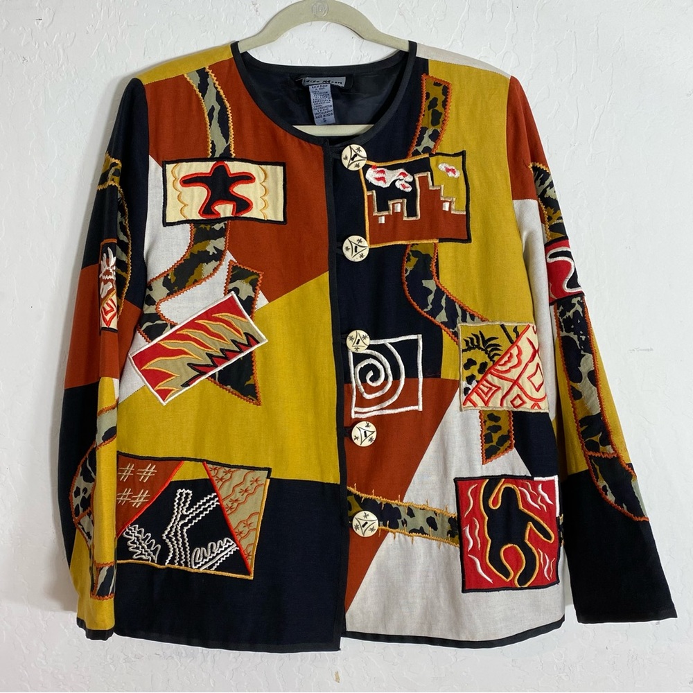 Indigo Moon Art To Wear black yellow red white abstract print patchwork Small